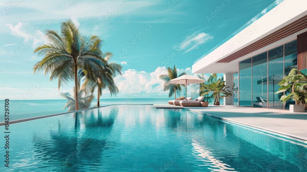 A blue swimming pool surrounded by lush green palm trees, perfect for relaxation and recreation A blue swimming pool surrounded by lush green palm trees, perfect for relaxation and recreation