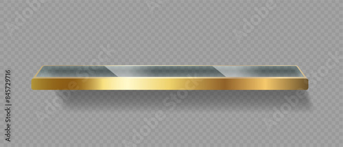 Elegant Floating Glass Shelf With Golden Frame Isolated On Transparent Background. Stylish And Modern Design Element, 3d