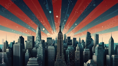 American Independence Day celebration backdrop with a dramatic and beautiful urban setting