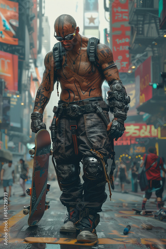 A tattooed, futuristic skater with cybernetic enhancements holding a skateboard in a neon-lit city