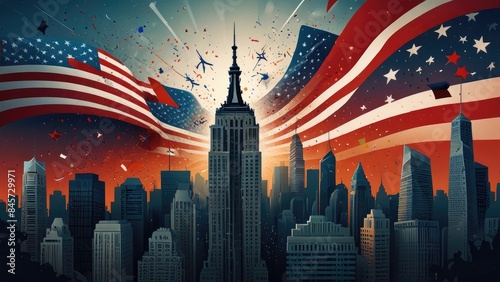 American Independence Day celebration backdrop with a dramatic and beautiful urban setting
