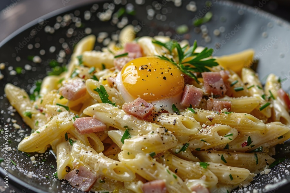 A plate of pasta with a single egg on top A plate of pasta with a single egg on top