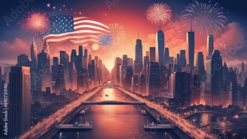 American Independence Day celebration backdrop with a dramatic and beautiful urban setting