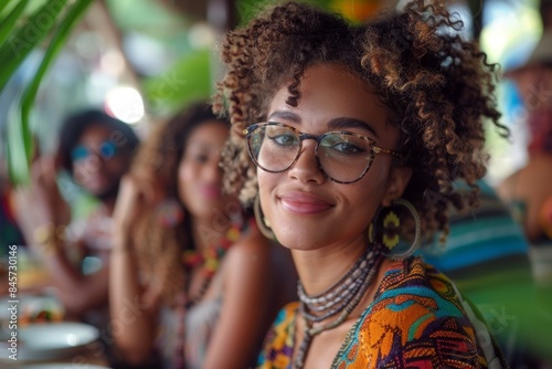 Smiling woman with glasses and curly hair at outdoor gathering © Aurora Blaze