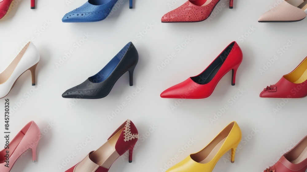 A pair of high-heeled shoes on a white surface, suitable for fashion or beauty editorial use A pair of high-heeled shoes on a white surface, suitable for fashion or beauty editorial use