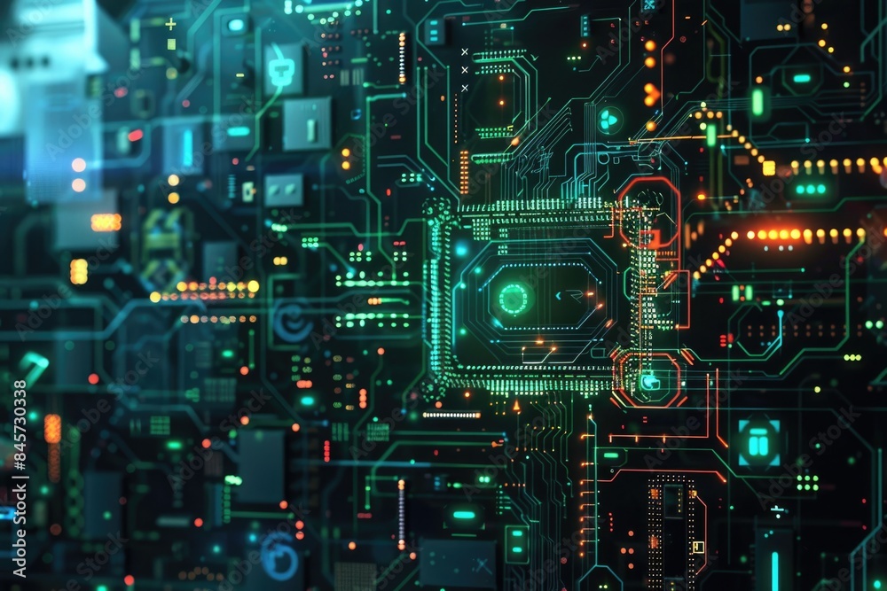 Information Technology. Futuristic Background with Motherboard Integrated Circuit and Tech Icons Illustration