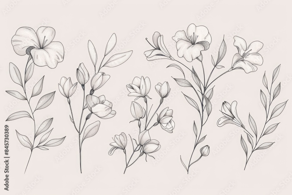 A delicate drawing of flowers and leaves on a white background, suitable for use in illustrations, designs, or as a decorative element A delicate drawing of flowers and leaves on a white background, suitable for use in illustrations, designs, or as a decorative element