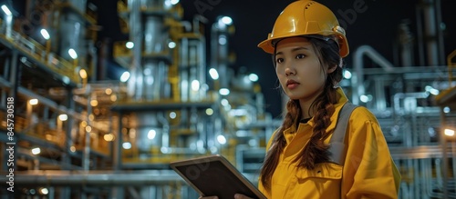 Female Engineer Working at Night in a Refinery