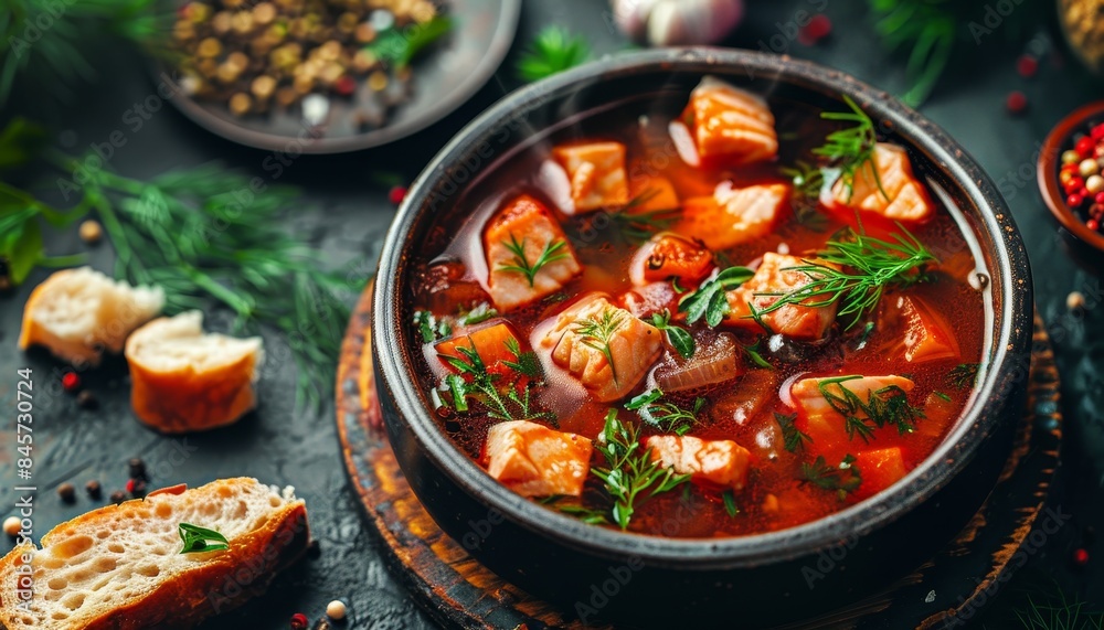 Savor the ultimate delight with a nourishing fish soup serving in a comforting bowl Savor the ultimate delight with a nourishing fish soup serving in a comforting bowl