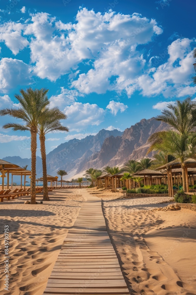 Obraz premium A scenic path leading to a beach surrounded by palm trees