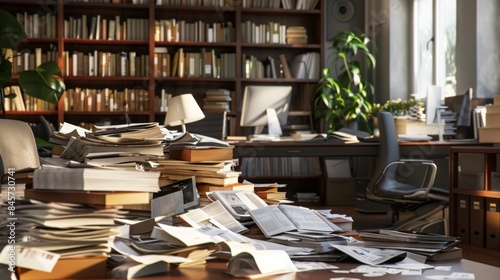 A desk in a library office is overflowing with books and papers, creating a scene of chaos and disorganization. The desk is situated in front of a large bookshelf filled with books. photo