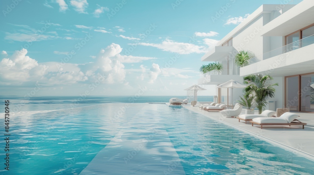 Fototapeta premium A large swimming pool surrounded by lounge chairs and umbrellas, perfect for a summer day