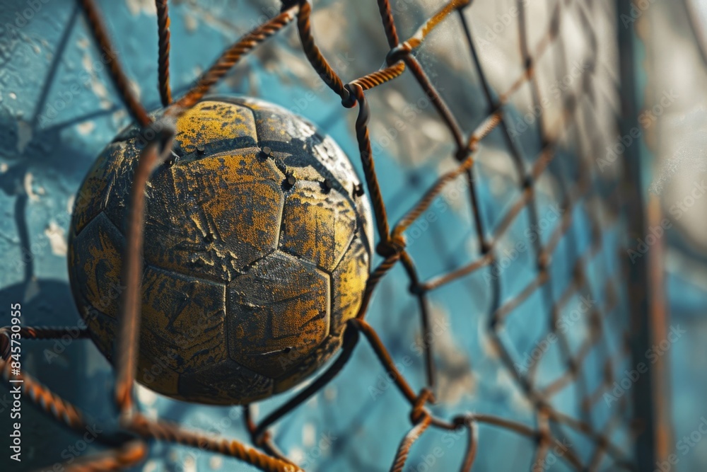 A soccer ball stuck in a sports equipment, perfect for images related to sports, fitness or recreation A soccer ball stuck in a sports equipment, perfect for images related to sports, fitness or recreation