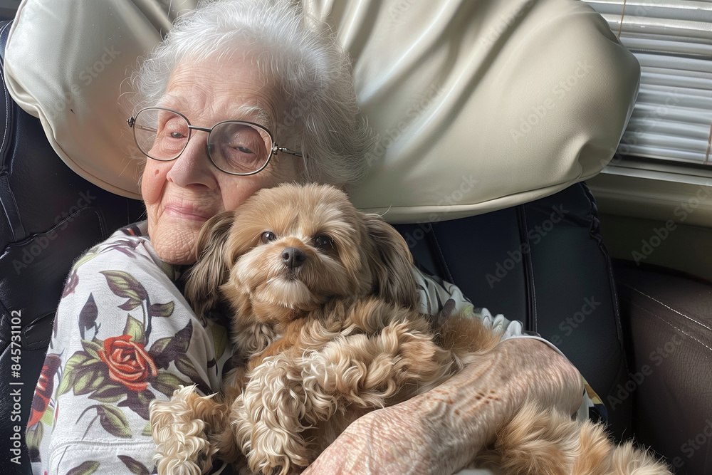 Elderly Woman with Glasses Hugging Small Fluffy Dog in a Cozy Chair Elderly Woman with Glasses Hugging Small Fluffy Dog in a Cozy Chair