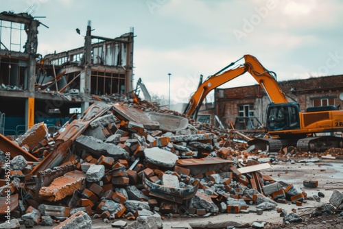 Rubble and rubble in front of a building with a bulldozer, construction debris in inappropriate places 