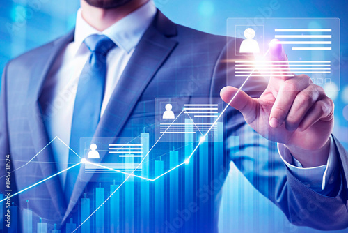 Human resources manager choosing professional profile to hire on virtual screen interface, recruitment concept, Businessman hand pointing icon resource HR management concept.