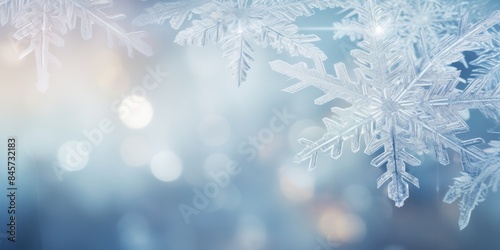 A delicate pattern of various snowflakes in white, set against a light blue or dark blue background, creating a clean and elegant winter theme  © Tatiana