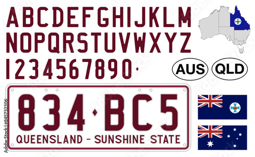 Queensland car license plate pattern, letters, numbers and symbols, vector illustration, Australia