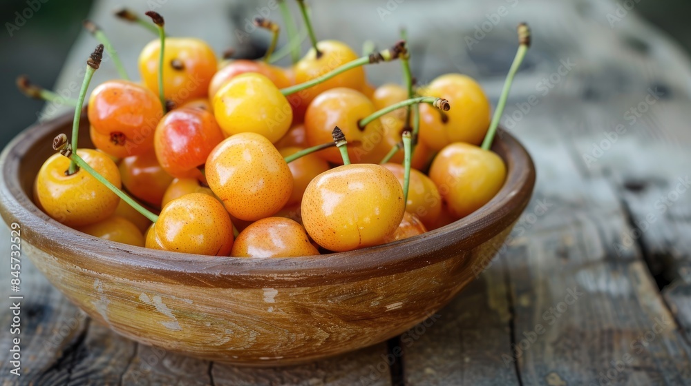 Yellow cherries that are ready to eat in a bowl made of brown wood Yellow cherries that are ready to eat in a bowl made of brown wood