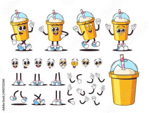 Retro-style Cartoon Set With Animated Dairy Product Character. Plastic Milkshake Cup With Various Emotions, Legs, Arms