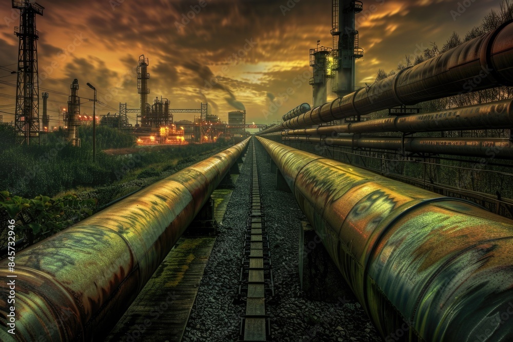 A railroad track featuring multiple pipes along the way A railroad track featuring multiple pipes along the way