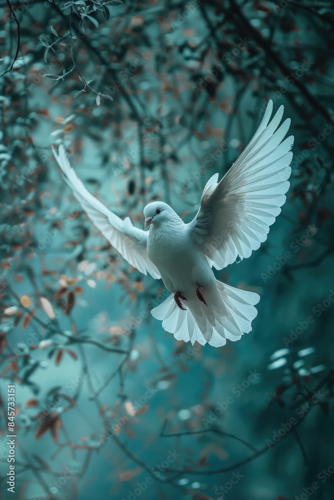 Obraz premium A white bird flies through a tree filled with leaves