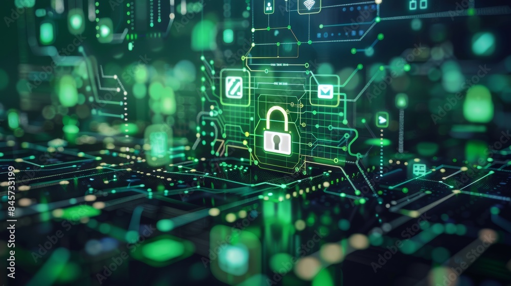A green and blue digital image of a padlock on top, AI A green and blue digital image of a padlock on top, AI