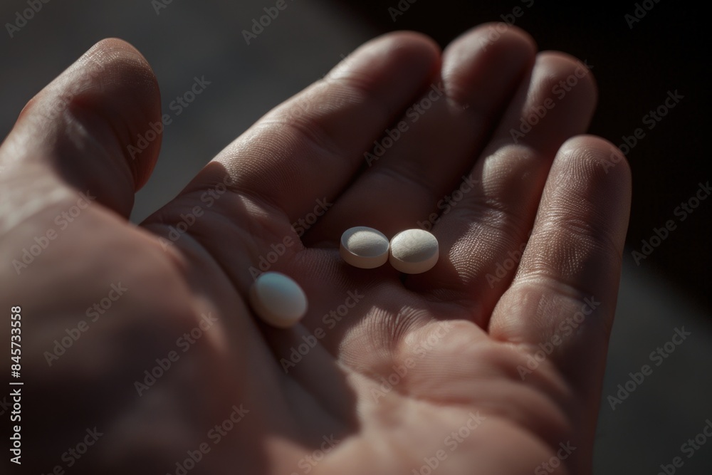 A person grasping two pills, possibly medication A person grasping two pills, possibly medication