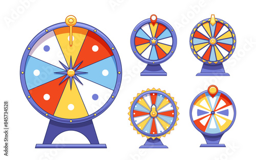 Collection Of Five Vibrant Prize Wheels In Various Designs For Game, Events And Competitions Cartoon Vector Illustration