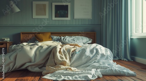 A messy bed with blankets and pillows strewn about in a modern bedroom with wooden floors and blue walls.