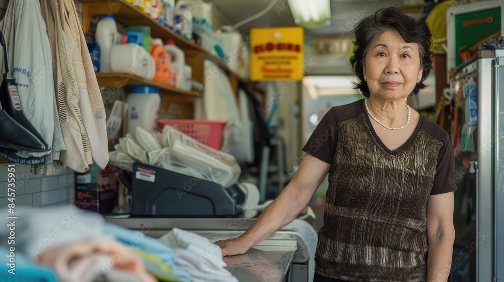 A woman stands near a kitchen counter A woman stands near a kitchen counter