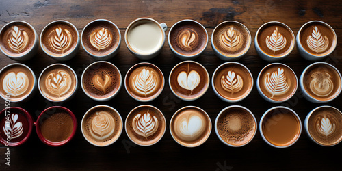 Diverse Latte Art Designs in Coffee Cups on Wooden Table Aesthetic Caffeine Creations