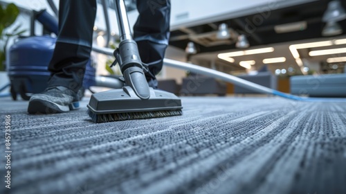Professional cleaner using a vacuum on a carpet in an office setting. Concept of office cleaning, professional janitorial services, maintenance, hygiene