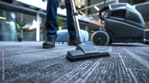 Male janitor vacuuming carpet in a modern office building. Concept of commercial cleaning, maintenance, hygiene, workplace sanitation