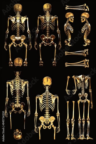 A collection of different human skeletons on a black background, suitable for use in horror or medical contexts