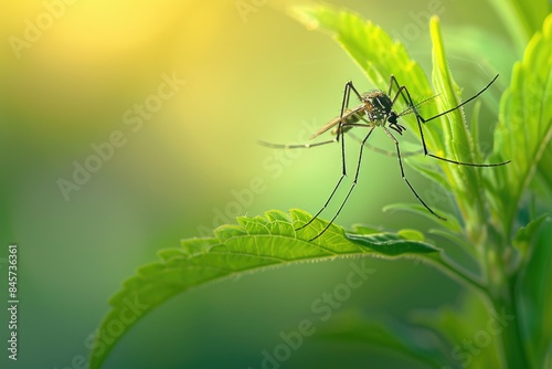 A single mosquito perched on the tip of a green leaf, ready to take flight