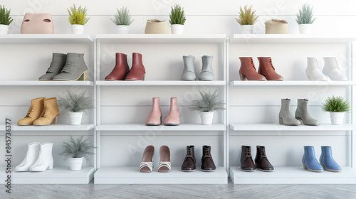 Stylish shoes and boots display on white shelves