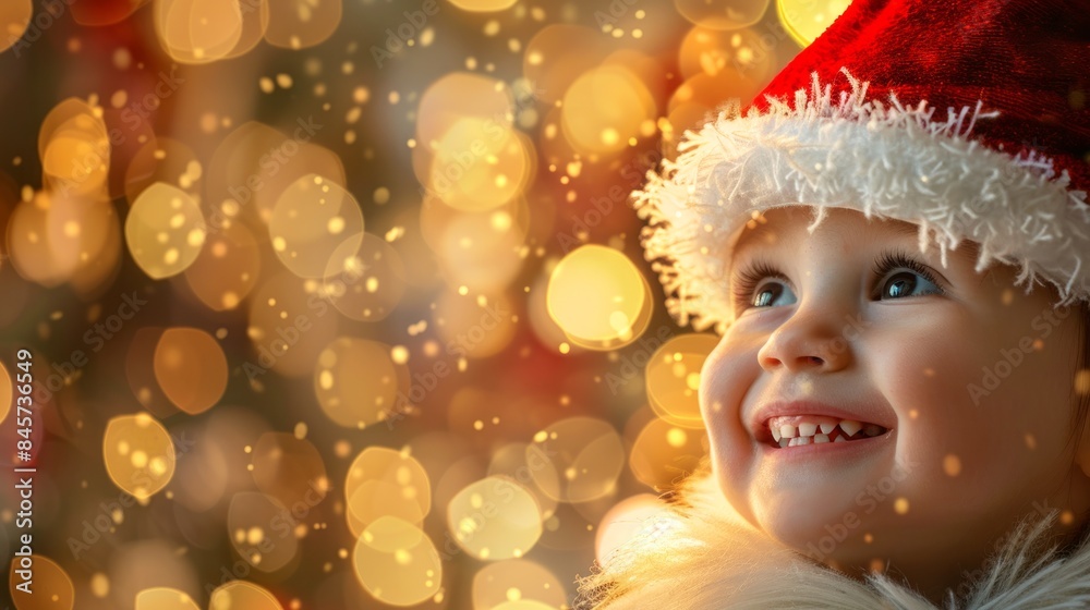 Caucasian child smiling in a Santa hat with festive lights in the background. Concept of Christmas, holiday cheer, childhood joy, winter celebration. Copy space Caucasian child smiling in a Santa hat with festive lights in the background. Concept of Christmas, holiday cheer, childhood joy, winter celebration. Copy space