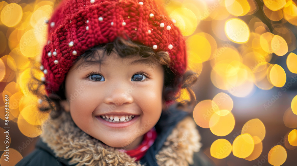 Asian child smiling with a red knit hat and bokeh lights in the background. Concept of Christmas, happy kid, winter fashion, festive season, childhood joy. Copy space Asian child smiling with a red knit hat and bokeh lights in the background. Concept of Christmas, happy kid, winter fashion, festive season, childhood joy. Copy space