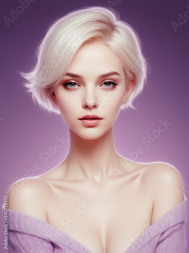 illustrazione con volto in primo piano di giovane ragazza dai capelli biondi, abito con ampia scollatura