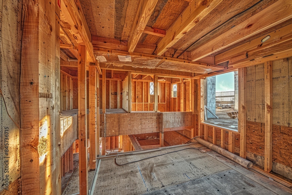 A room in the process of being built with wooden framing, ideal for architecture and construction-related uses A room in the process of being built with wooden framing, ideal for architecture and construction-related uses