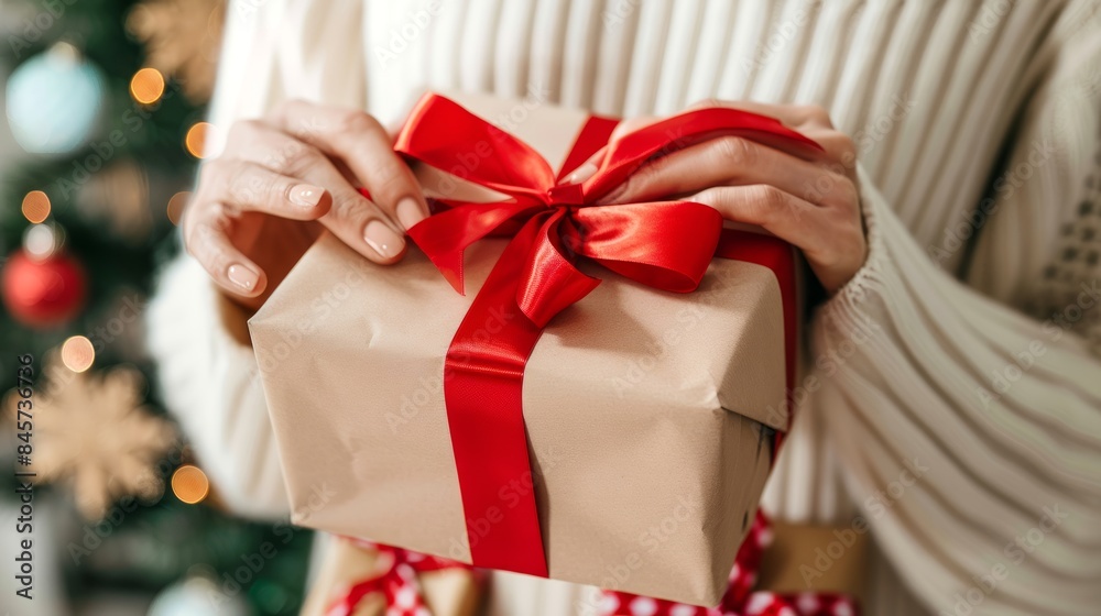 Caucasian woman hands holding a gift box with red ribbon. Concept of Christmas present, holiday gift, festive season, celebration Caucasian woman hands holding a gift box with red ribbon. Concept of Christmas present, holiday gift, festive season, celebration
