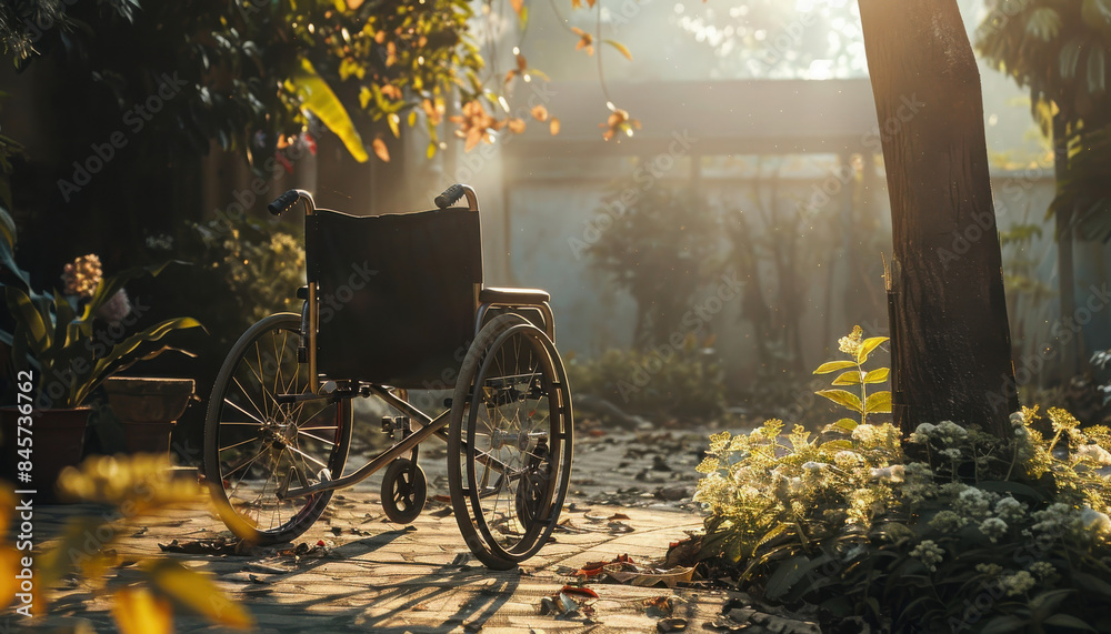 Obraz premium Wheelchair of person with disability in the house or hospital with nature sunlight, Cinematic tone and emotion picture, Life Insurance accident, International Day of Persons with Disabilities concept