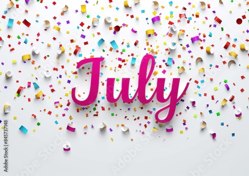 text "July" with confetti and paper cut out letters, white background, colorful Generative AI