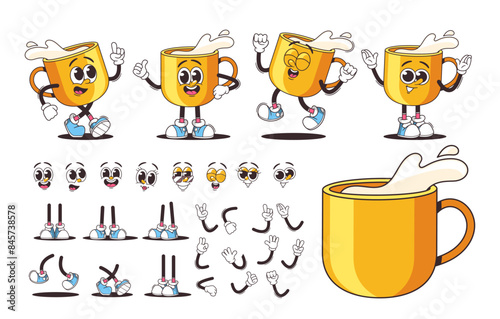 Cartoon Dairy Cup Characters With Splashing Milk, Different Facial Expressions And Poses. Vector Construction Kit