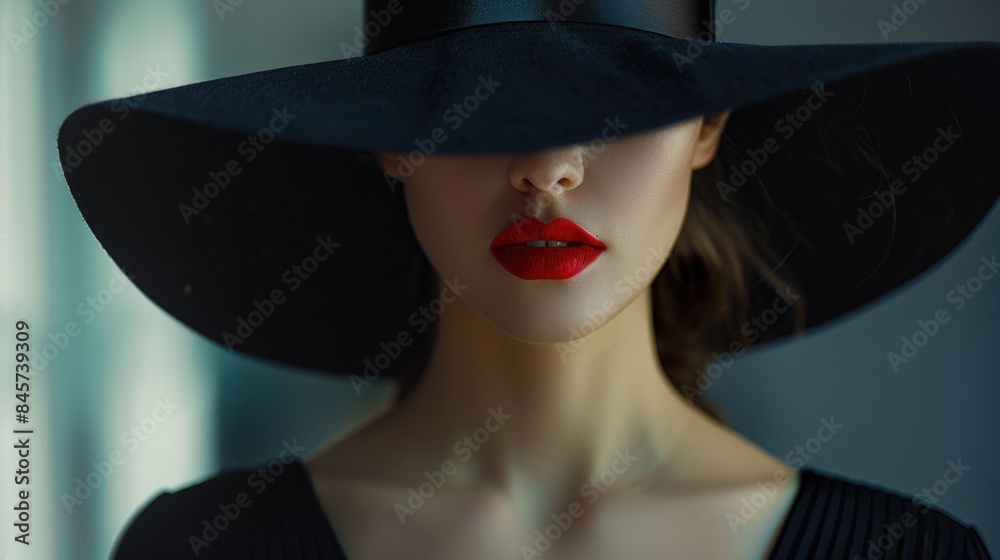 A person wearing a black hat and red lipstick A person wearing a black hat and red lipstick