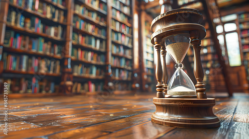 Hourglass with falling sand and stack of books on shelves on background