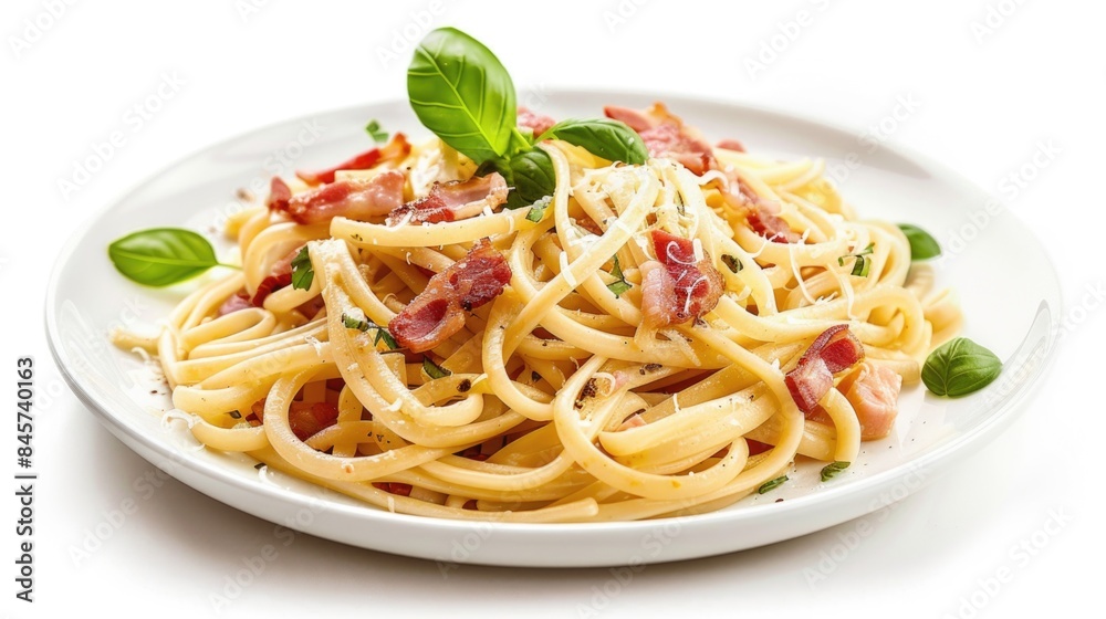 A plate of pasta topped with crispy bacon, perfect for a quick lunch or dinner
