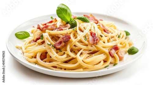 A plate of pasta topped with crispy bacon, perfect for a quick lunch or dinner