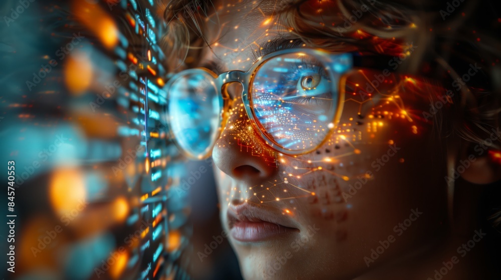 A close-up image of a persons face wearing glasses, with a holographic display reflecting in the lenses. A close-up image of a persons face wearing glasses, with a holographic display reflecting in the lenses.